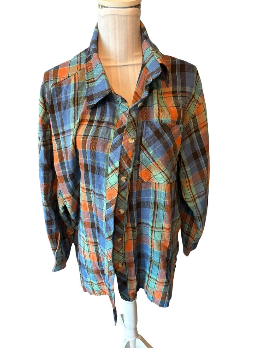 Blue, Green & Orange Flannel Button Down Size 1XL
